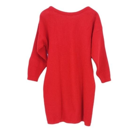 Vintage Dresses & Skirts - VTG 80s Annie Rose Red Chunky Knit Deep V-Neck Reversible Mini Sweater Dress L